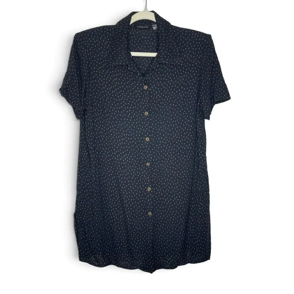 Vintage Liz Claiborne Black Dot Short Sleeve Button Up Tunic Top Women 14 Large